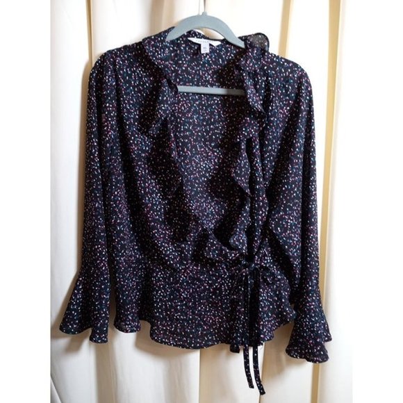 POPSUGAR‎ Size XL Black Multicolor Dotted V-Neck Tie Front Blouse - Picture 1 of 7